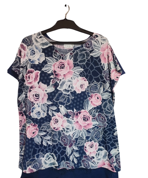 Tunika kimono z okrągłym dekoltem i pięknym różanym wzorem